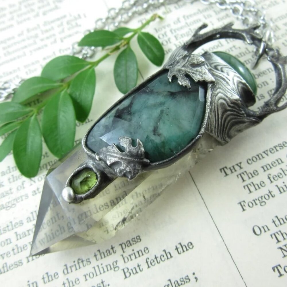 Artisan Etsy Callisto Jewelry EMERALDS, Smoky Quartz & Peridot Crystal Pendant!